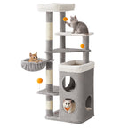 Arbre à Chat Gris 152 cm – Hamac, 2 Caches Spacieuses, 3 Griffoirs et Plateformes pour Chats