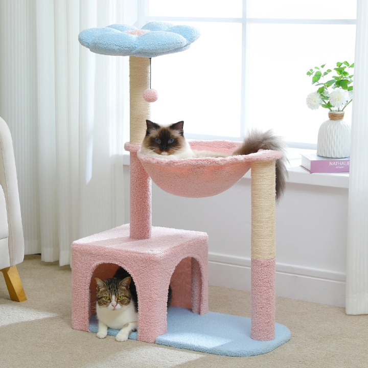 Arbre à chat fleur rose avec hamac et griffoirs en sisal – Tour pour chats d'intérieur