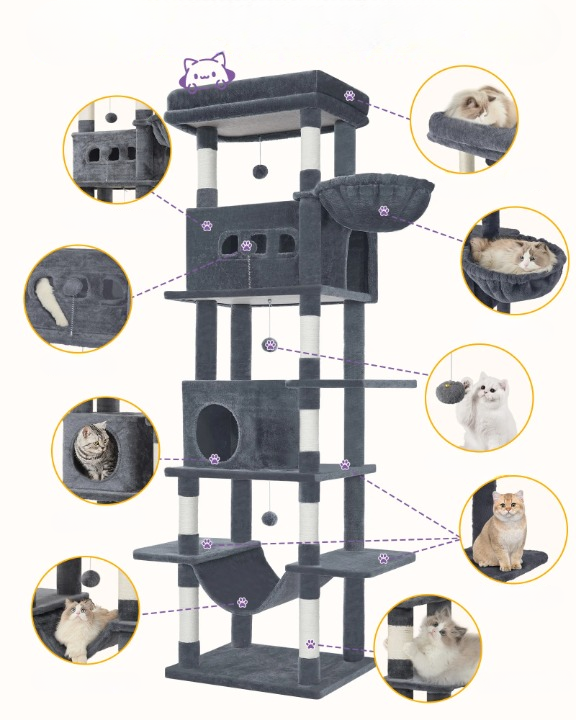 Arbre à chat noir XXL 210 cm – Arbre à chat multi-niveaux  avec maisonnette, 8 poteaux à griffer et 4 pompons