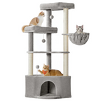 Arbre à chat gris 140 cm avec niche, grands plateaux, hamac et jouets suspendus – Confort et jeu pour chats d’intérieur