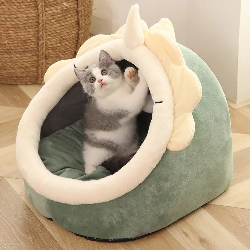 Niche Chat Igloo Peluche avec Oreilles - Panier Douillet Semi-Fermé pour Chat