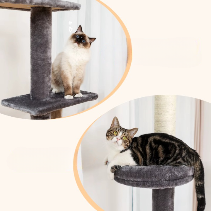 Arbre à chat gris et blanc ajustable de 243 à 273 cm – Arbre à chat du sol au plafond avec poteaux à griffer et jouets
