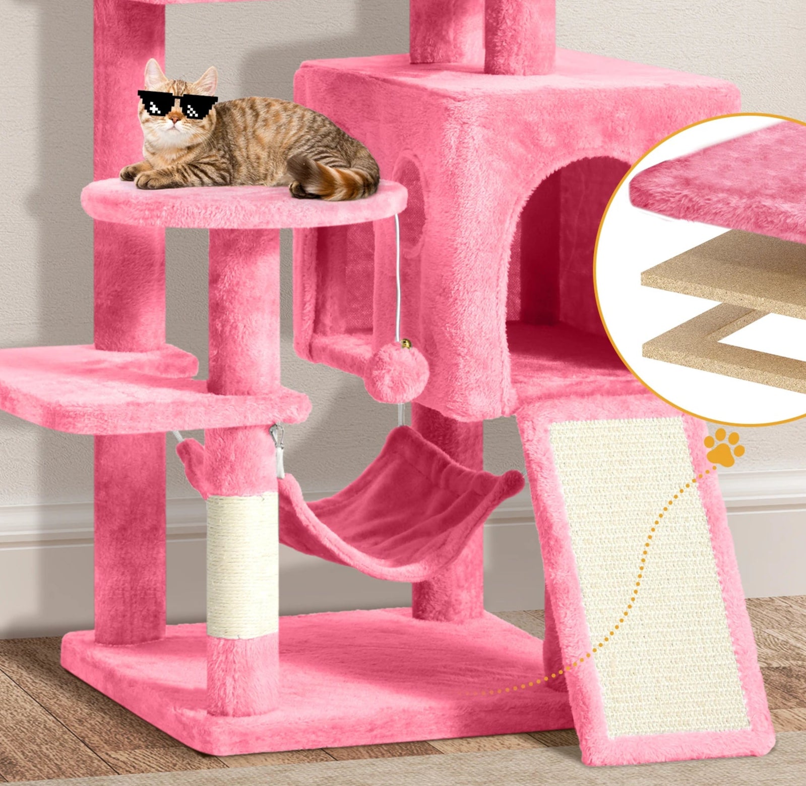 Arbre à chat rose 137 cm – Grand arbre avec hamac, jouets, poteaux en sisal et cachettes pour grands chats