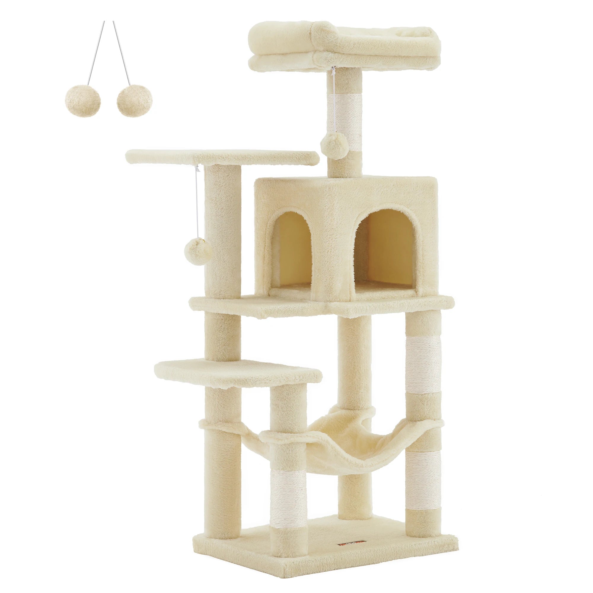Arbre à chat beige 112 cm – Arbre à chat multi-niveaux avec 4 griffoirs, 2 perchoirs et niche douillette pour chats d’intérieur