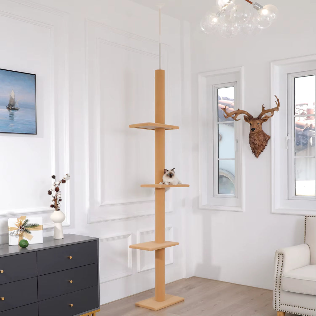 Arbre à chat beige ajustable de 243 à 273 cm – Arbre à chat du sol au plafond avec poteaux à griffer et jouets