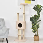 Arbre à chat beige 148 cm avec niche, poteaux en sisal et 3 plateformes