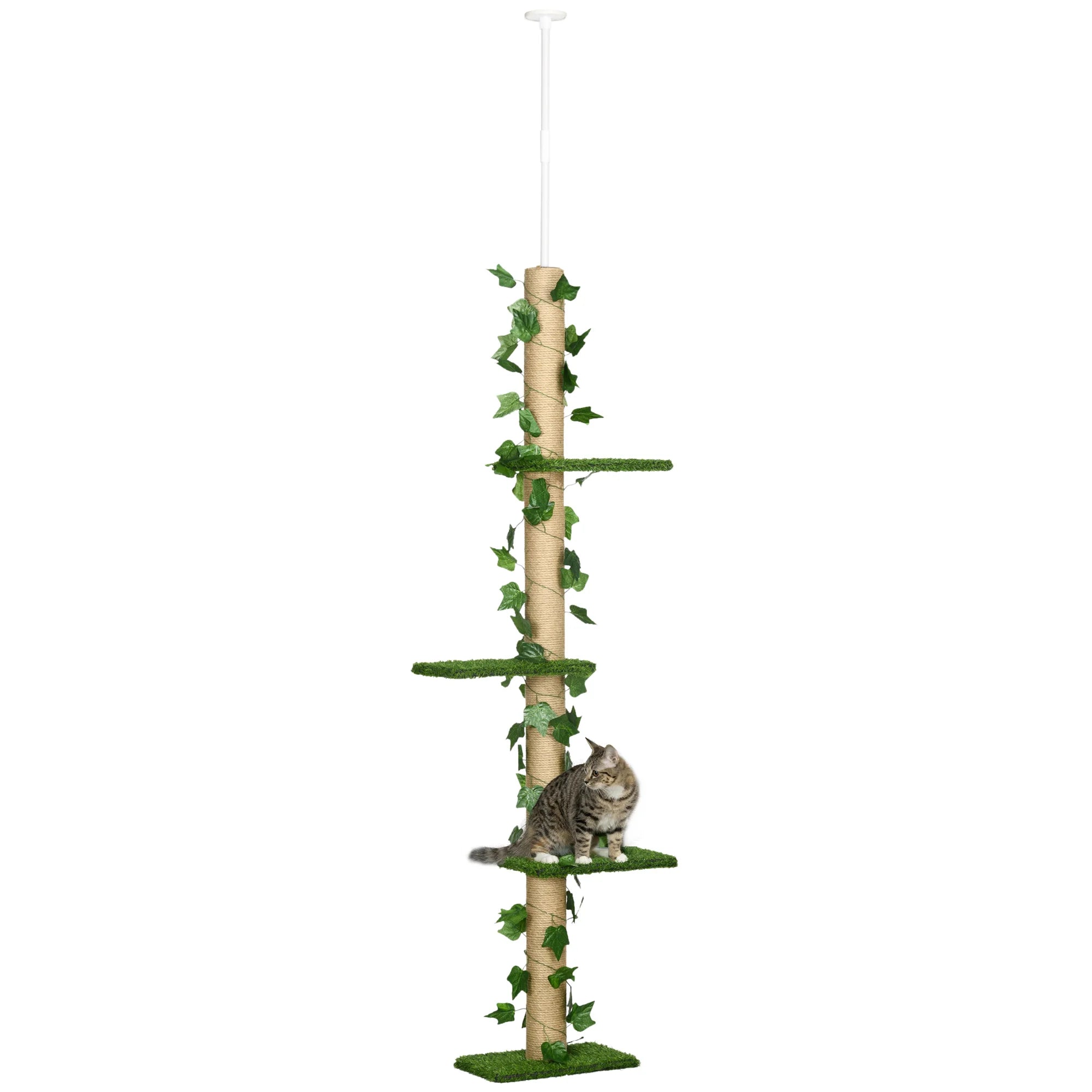 Arbre à chat du sol au plafond – Arbre à chat beige/vert multi-niveaux hauteur réglable 202 à 242 cm