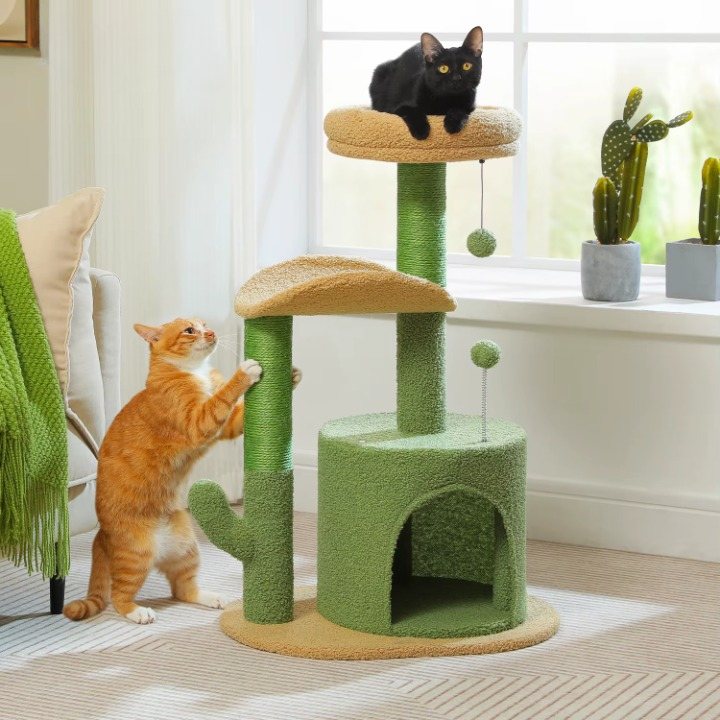Arbre à chat design cactus avec griffoir sisal et maisonnette