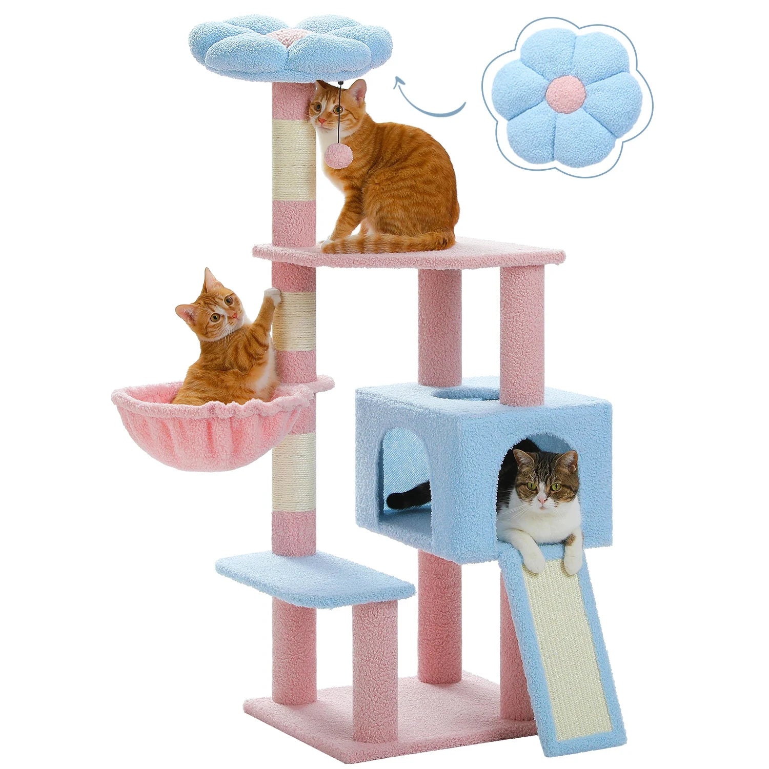 Arbre à chat design Fleur avec hamac, rampe, jouets et poteaux à griffer en sisal
