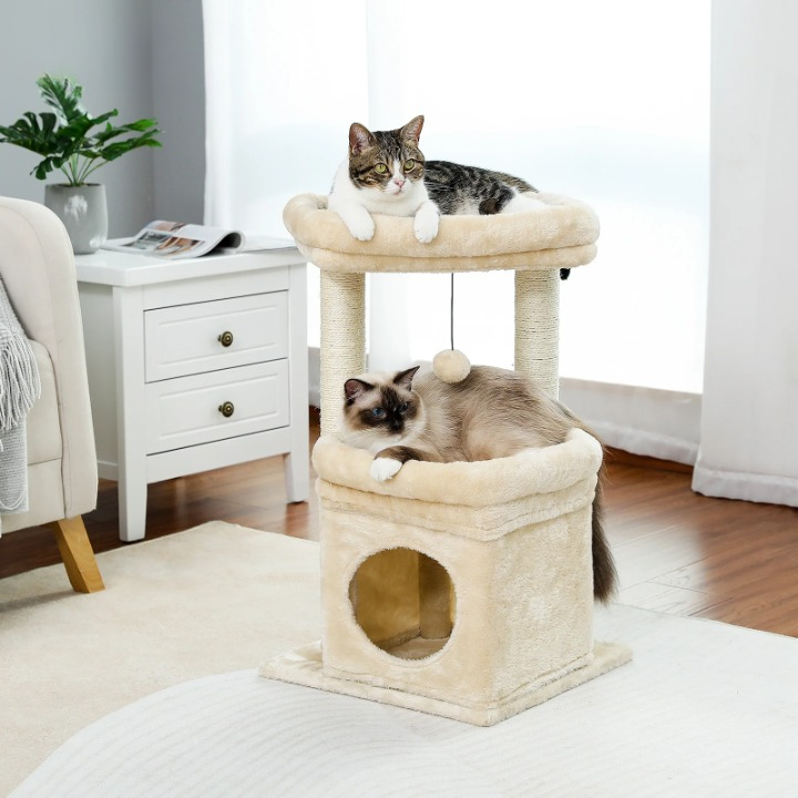 Arbre à Chat Beige Multifonction avec Niche, Griffoirs Naturels et Jouet Suspendu
