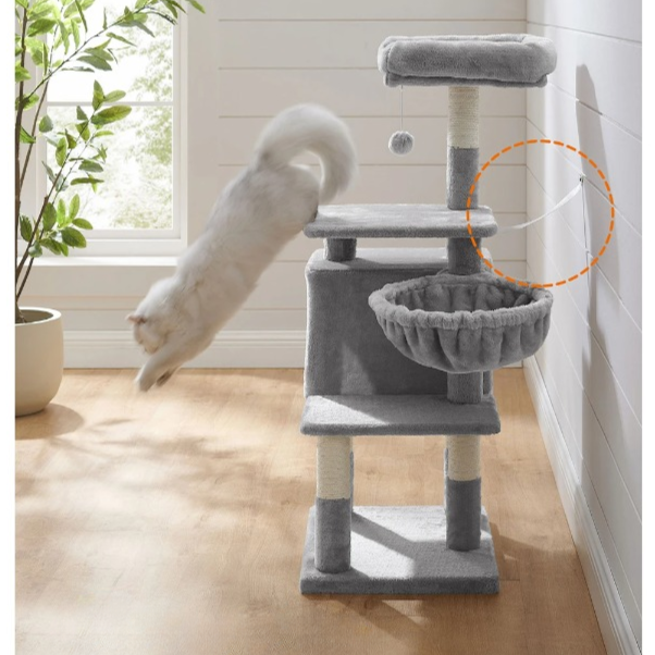 Arbre à chat multi-niveaux 110 cm – Tour pour chat grise avec condo et perchoirs