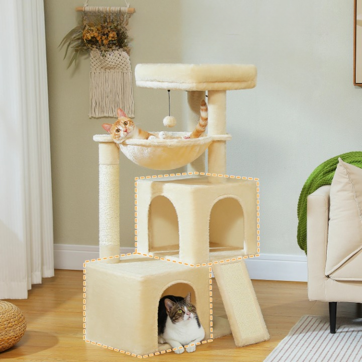 Arbre à chat beige multi-niveaux robuste 105 cm – poteaux à griffer et jouets inclus