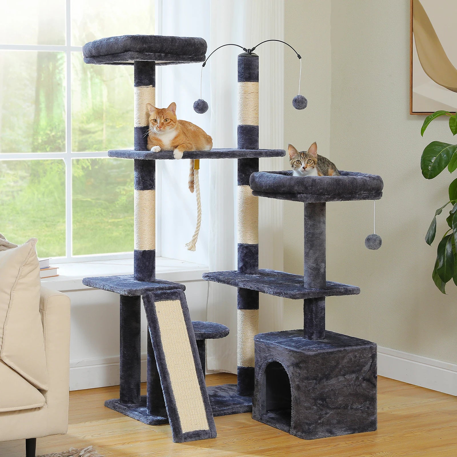 Arbre à Chat gris et blanc multi-niveaux avec Poteaux en Sisal, Niche et Coussin Doux – Idéal pour Chats d’Intérieur