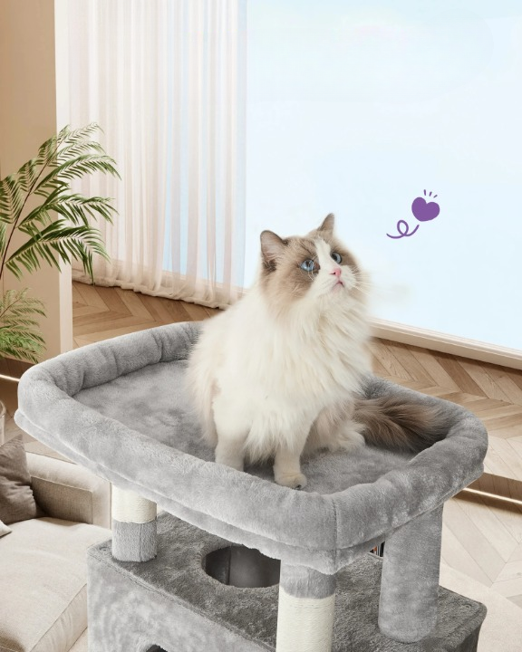 Arbre à chat gris XXL 210 cm – Arbre à chat multi-niveaux  avec maisonnette, 8 poteaux à griffer et 4 pompons