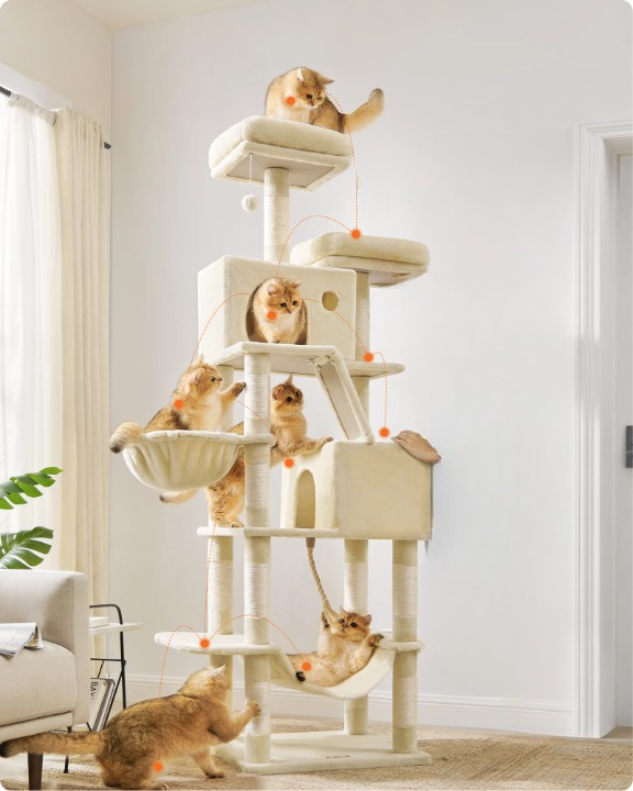Arbre à Chat XXL beige 206 cm – Arbre à chat multi-niveaux avec Griffoirs, Perchoirs, Hamac et Maisons pour Chats