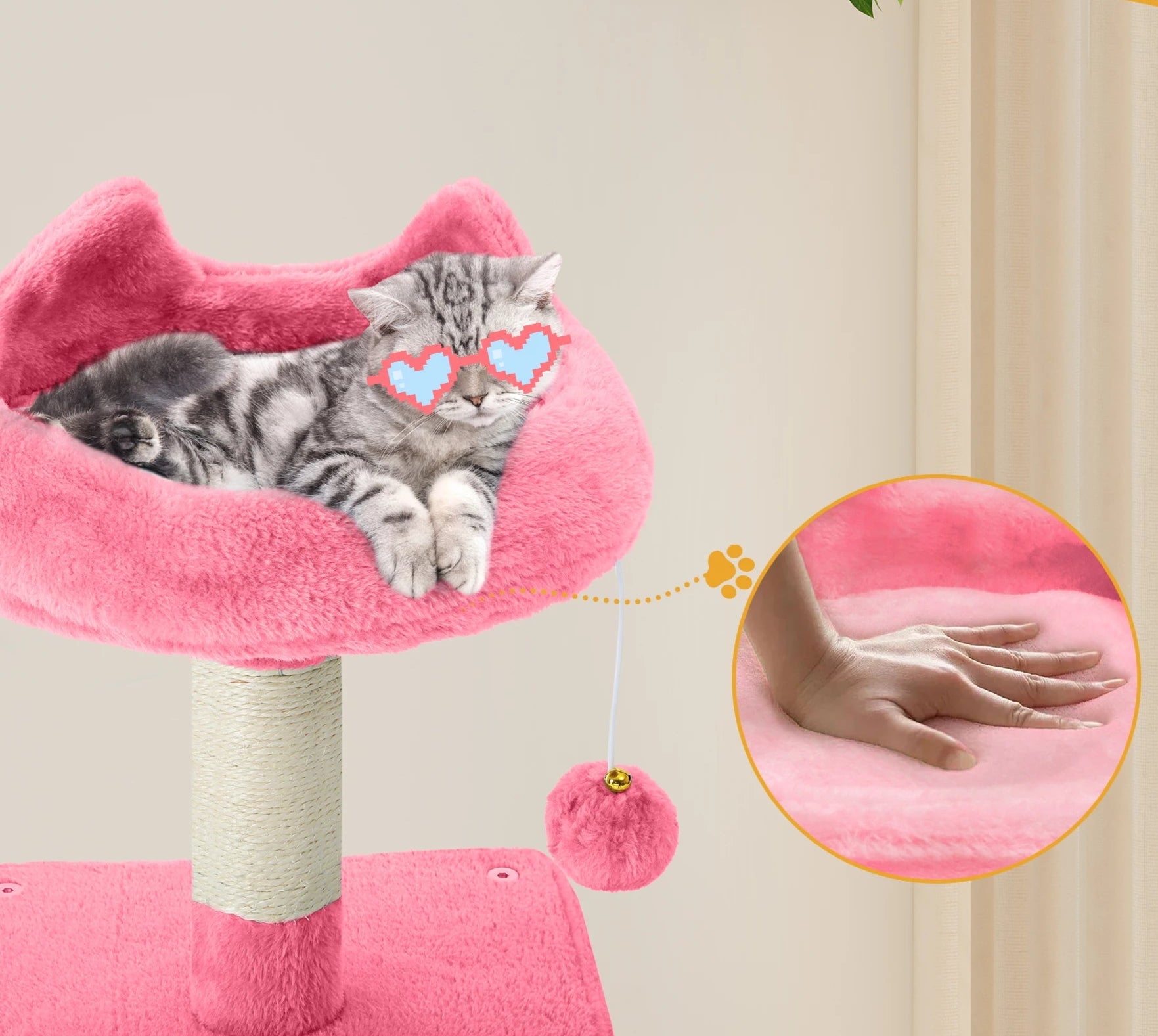 Arbre à chat rose 137 cm – Grand arbre avec hamac, jouets, poteaux en sisal et cachettes pour grands chats
