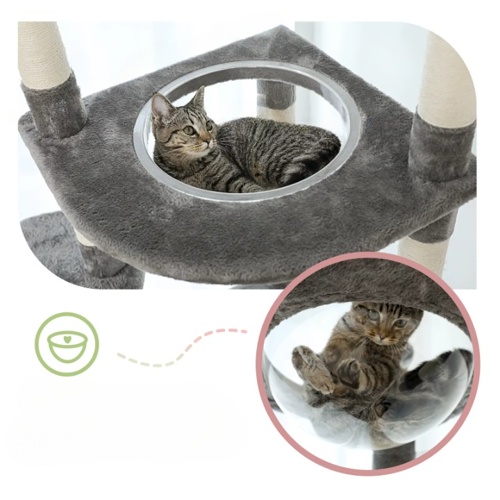 Arbre à chat gris du sol au plafond avec griffoirs, hamac et condo douillet