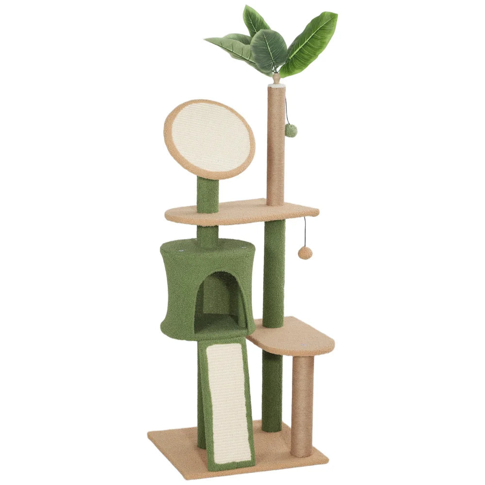 Arbre à chat vert style plante 139 cm avec niche, balle et poteaux à griffer en sisal