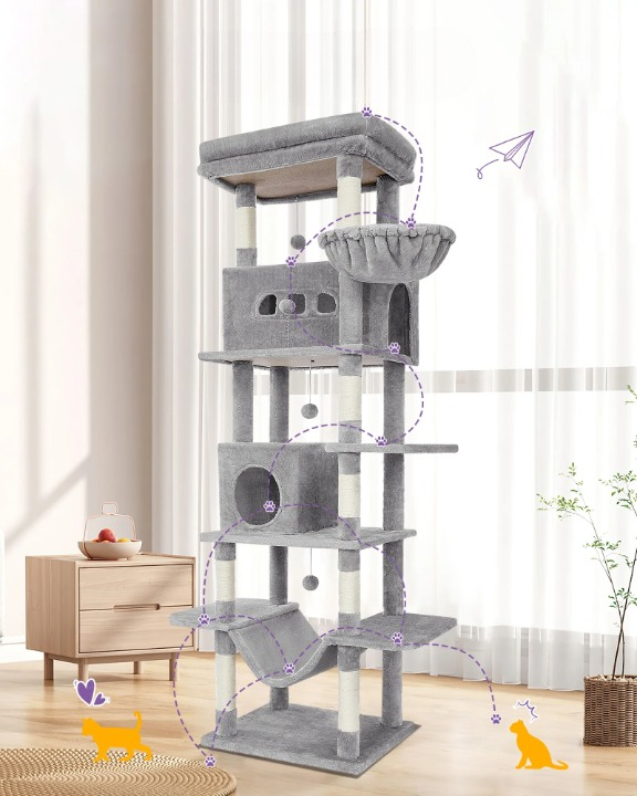 Arbre à chat gris XXL 210 cm – Arbre à chat multi-niveaux  avec maisonnette, 8 poteaux à griffer et 4 pompons