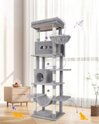 Arbre à chat gris XXL 210 cm – Arbre à chat multi-niveaux  avec maisonnette, 8 poteaux à griffer et 4 pompons