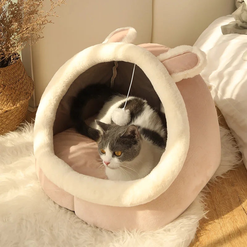 Niche Chat Igloo Peluche avec Oreilles - Panier Douillet Semi-Fermé pour Chat