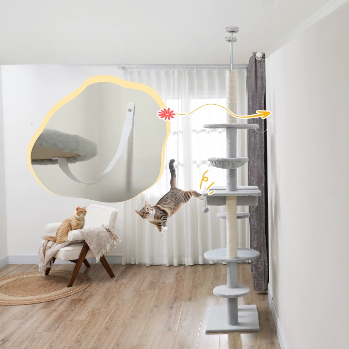 Arbre à Chat gris Sol-Plafond avec Hamac, Jouets et Griffoirs – Hauteur Ajustable 225-255 cm