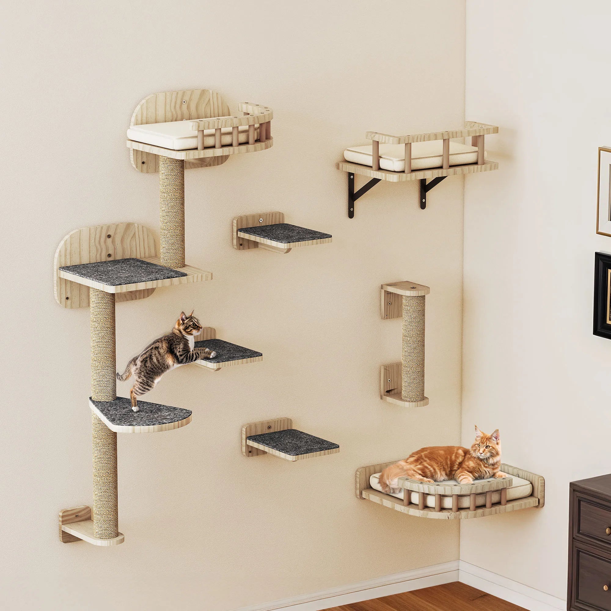 Arbre à Chat Mural en Bois – Ensemble Complet 7 Pièces avec Griffoirs, Lit et Escaliers