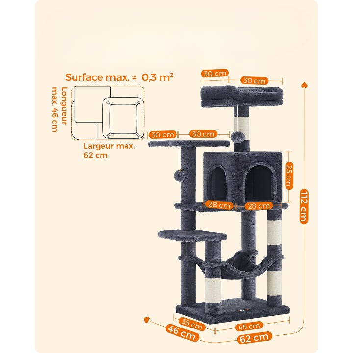 Arbre à chat noir 112 cm – Arbre à chat multi-niveaux avec 4 griffoirs, 2 perchoirs et niche douillette pour chats d’intérieur