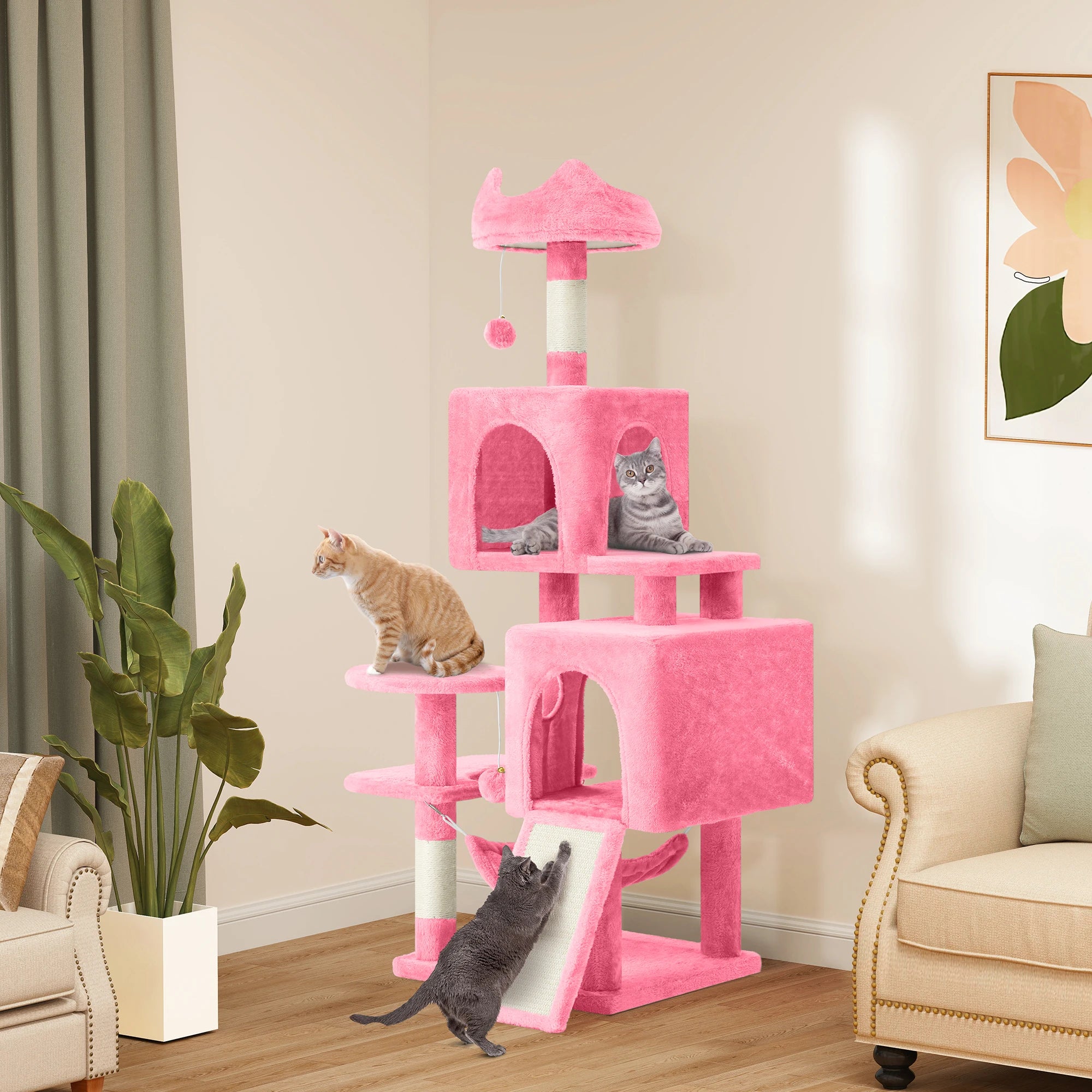 Arbre à chat rose 137 cm – Grand arbre avec hamac, jouets, poteaux en sisal et cachettes pour grands chats