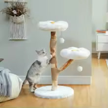 Arbre à chat moderne style fleur avec poteaux à griffer en bois massif, lit condo de luxe pour chats d’intérieur