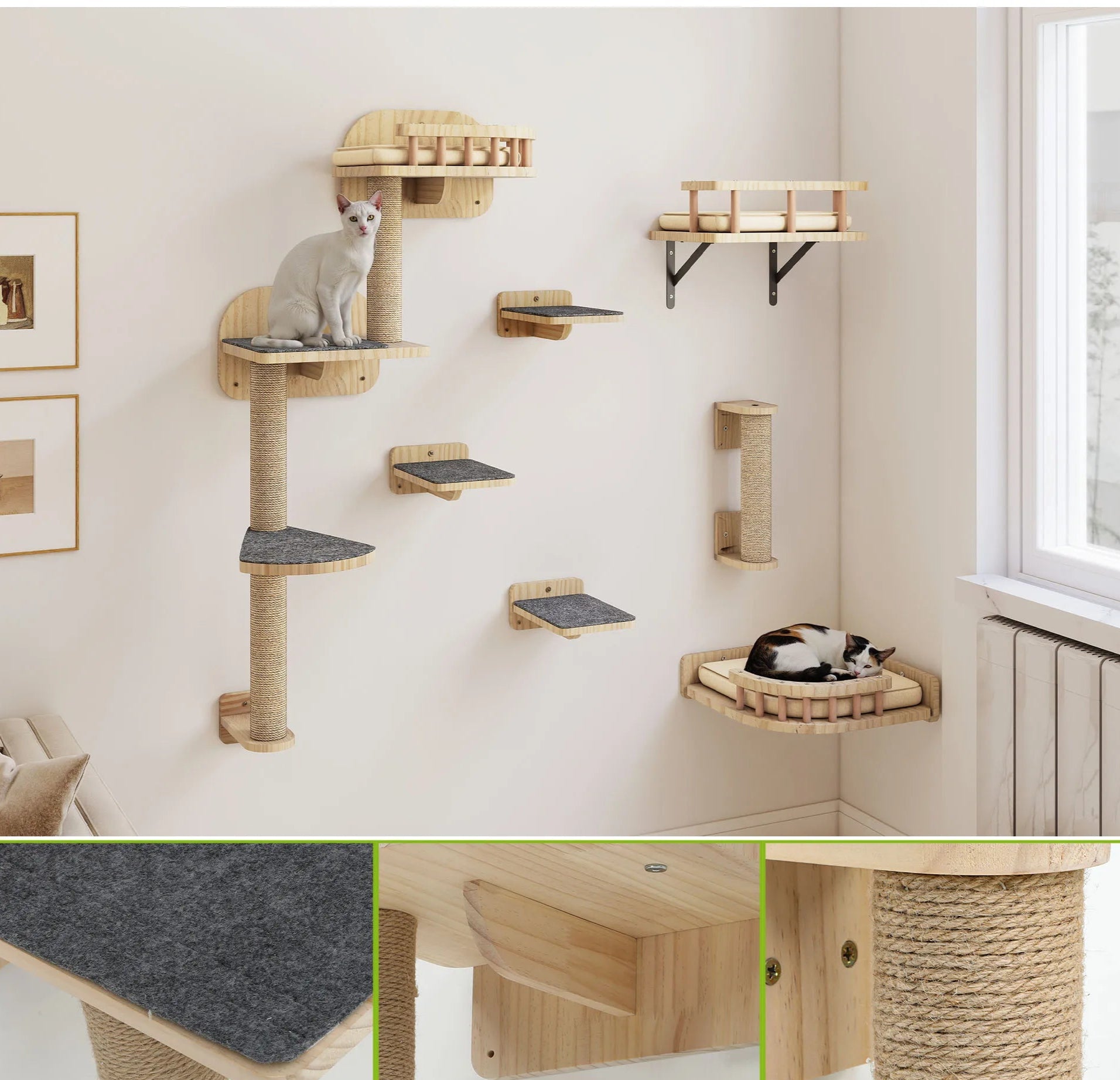Arbre à Chat Mural en Bois – Ensemble Complet 7 Pièces avec Griffoirs, Lit et Escaliers