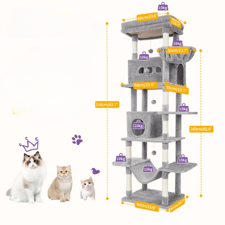 Arbre à chat gris XXL 210 cm – Arbre à chat multi-niveaux  avec maisonnette, 8 poteaux à griffer et 4 pompons