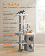 Arbre à Chat Gris 152 cm – Hamac, 2 Caches Spacieuses, 3 Griffoirs et Plateformes pour Chats