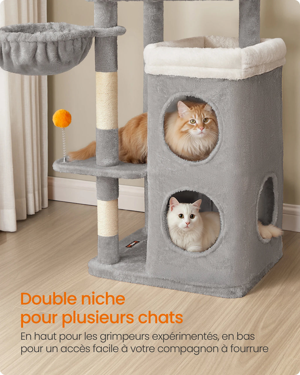 Arbre à Chat Gris 152 cm – Hamac, 2 Caches Spacieuses, 3 Griffoirs et Plateformes pour Chats