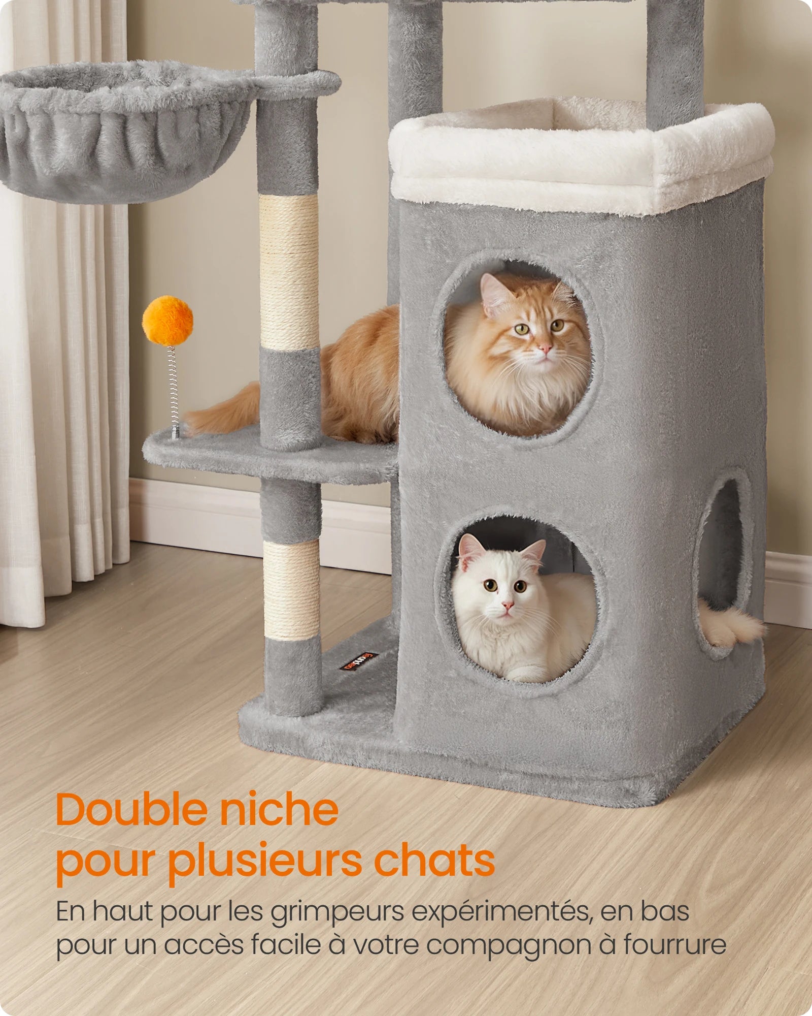 Arbre à Chat Gris 152 cm – Hamac, 2 Caches Spacieuses, 3 Griffoirs et Plateformes pour Chats