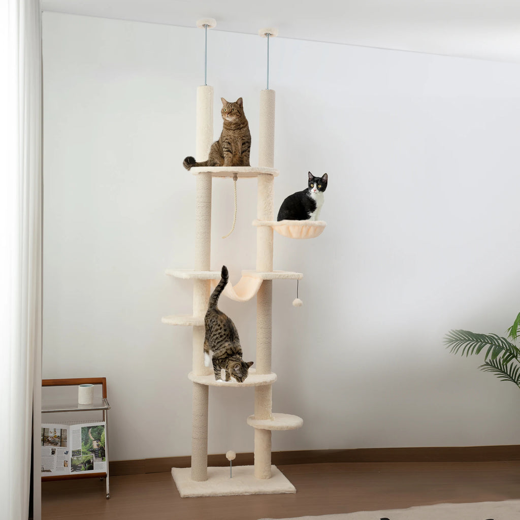 Arbre à Chat beige Sol-Plafond avec Hamac, Jouets et Griffoirs – Hauteur Ajustable 225-255 cm