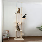 Arbre à Chat beige Sol-Plafond avec Hamac, Jouets et Griffoirs – Hauteur Ajustable 225-255 cm