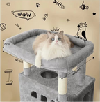 Arbre à chat gris XXL 210 cm – Arbre à chat multi-niveaux  avec maisonnette, 8 poteaux à griffer et 4 pompons