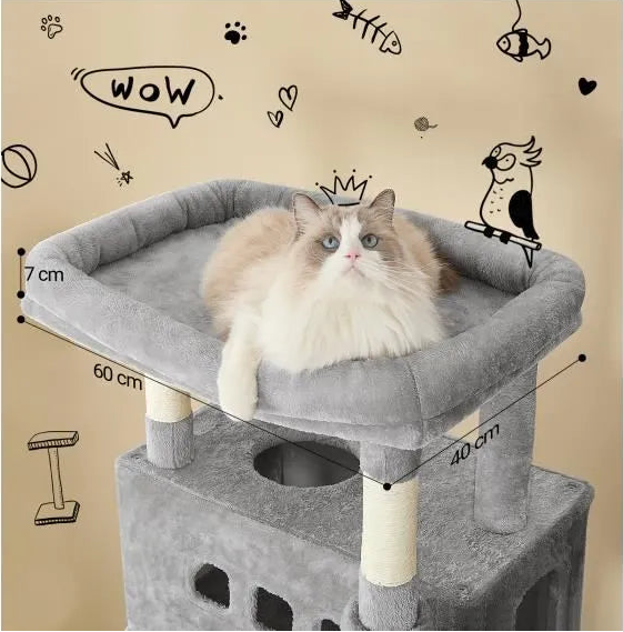 Arbre à chat gris XXL 210 cm – Arbre à chat multi-niveaux  avec maisonnette, 8 poteaux à griffer et 4 pompons