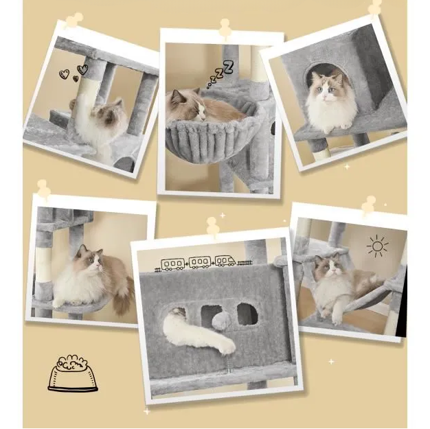 Arbre à chat gris XXL 210 cm – Arbre à chat multi-niveaux  avec maisonnette, 8 poteaux à griffer et 4 pompons