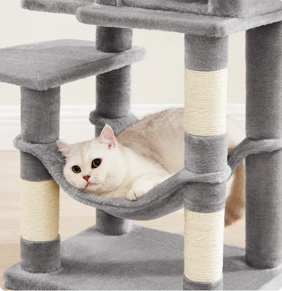 Arbre à chat gris 112 cm avec griffoirs, perchoirs et niche