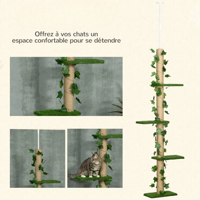 Arbre à chat du sol au plafond – Arbre à chat beige/vert multi-niveaux hauteur réglable 202 à 242 cm