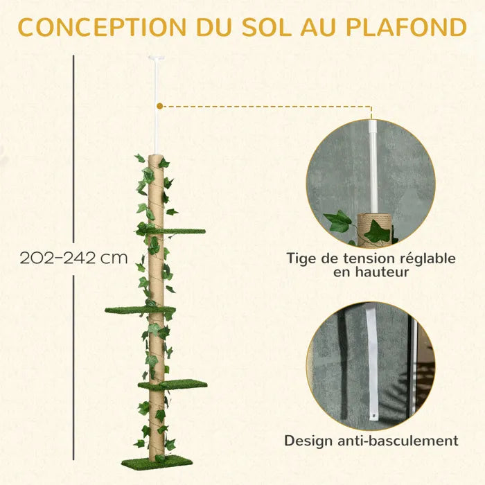 Arbre à chat du sol au plafond – Arbre à chat beige/vert multi-niveaux hauteur réglable 202 à 242 cm