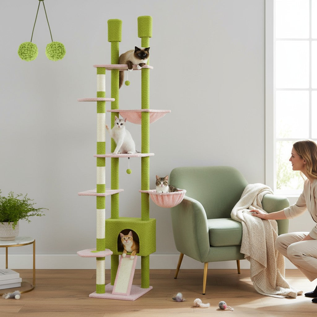 Arbre à Chat Cactus du Sol au Plafond avec Hamac, Niche et Griffoirs