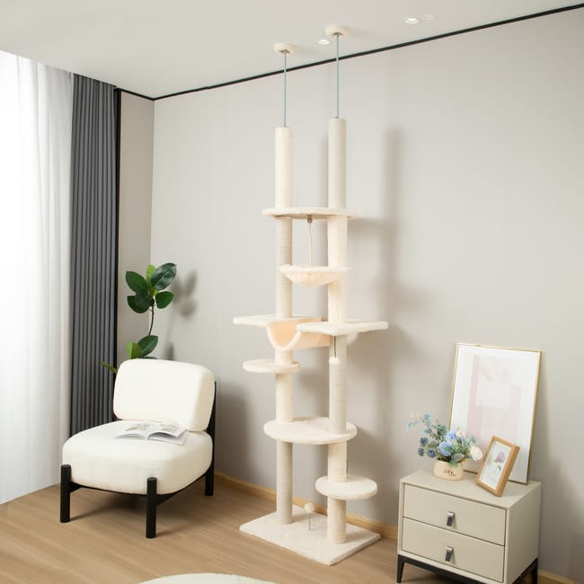 Arbre à chat beige et blanc sol-plafond réglable 225–255 cm