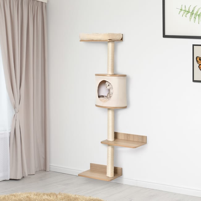 Arbre à chat mural avec niche, coussins amovibles et griffoir intégré