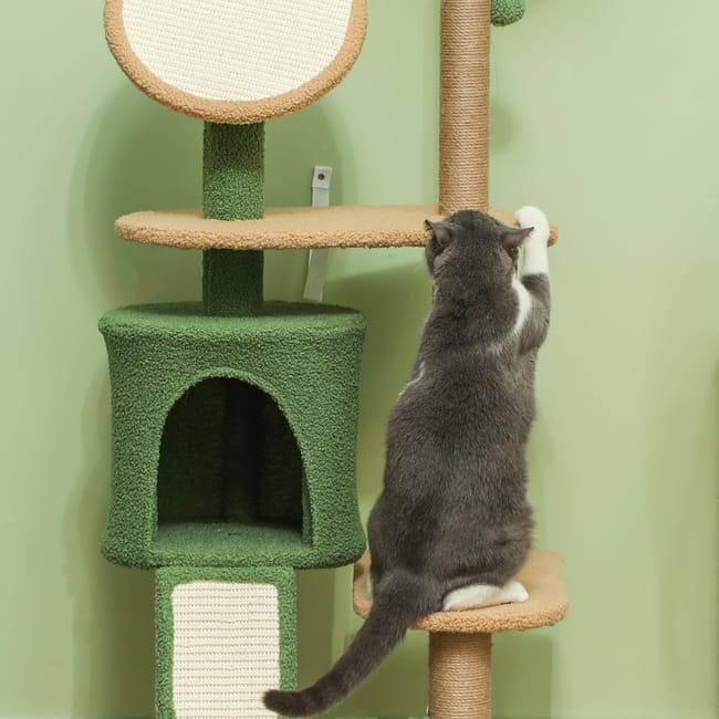 Arbre à chat vert style plante 139 cm avec niche, balle et poteaux à griffer en sisal