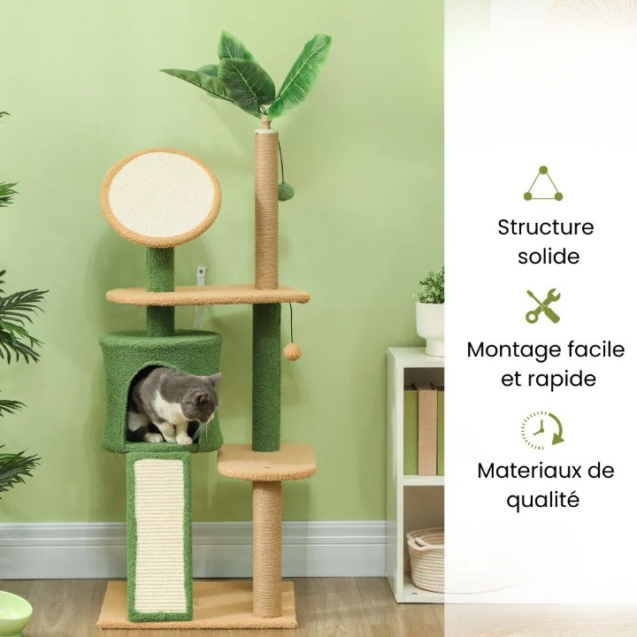 Arbre à chat vert style plante 139 cm avec niche, balle et poteaux à griffer