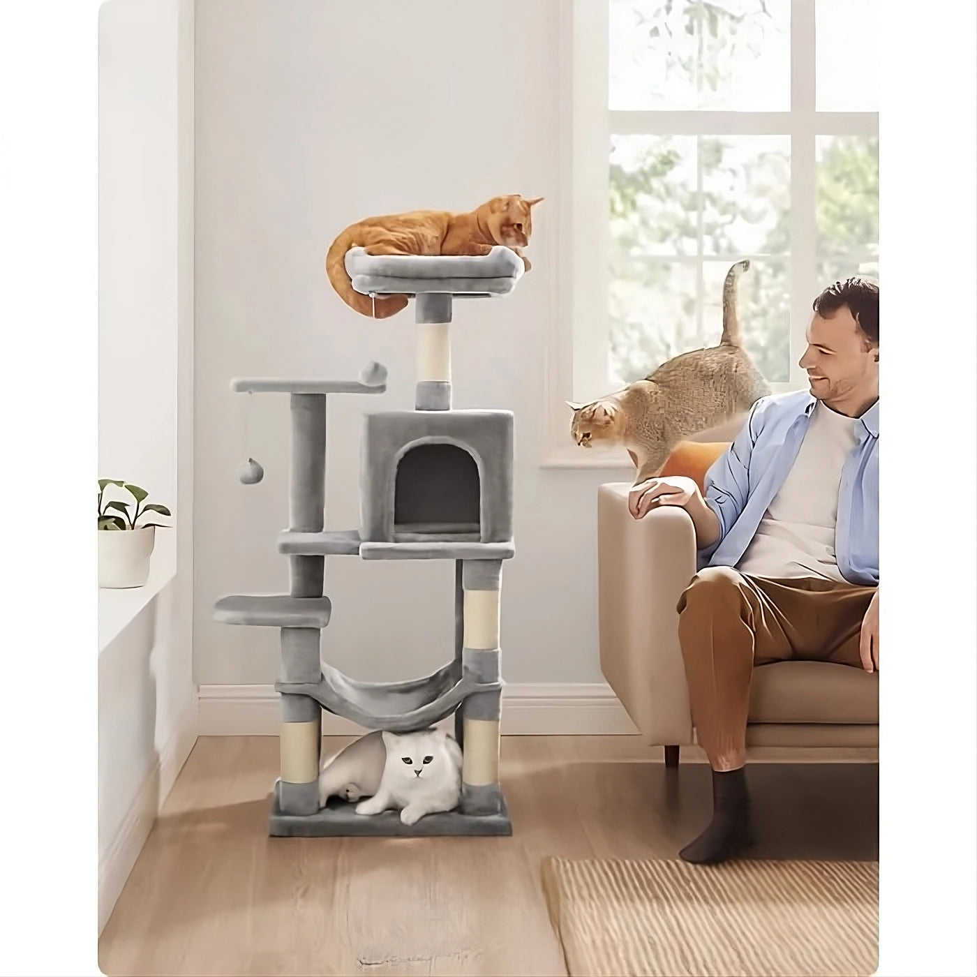 Arbre à chat gris 112 cm – Arbre à chat multi-niveaux avec 4 griffoirs, 2 perchoirs et niche douillette pour chats d’intérieur